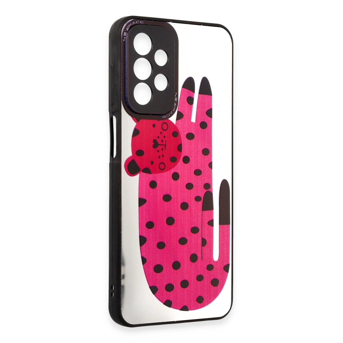 Siyah puantiyeli pembe telefon kılıfı ve kırmızı leopar grafiği.