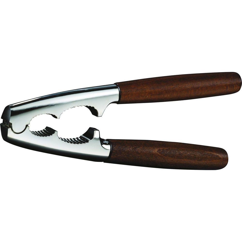 Nussknacker mit glänzenden Metallbacken und dunklen Holzgriffen.