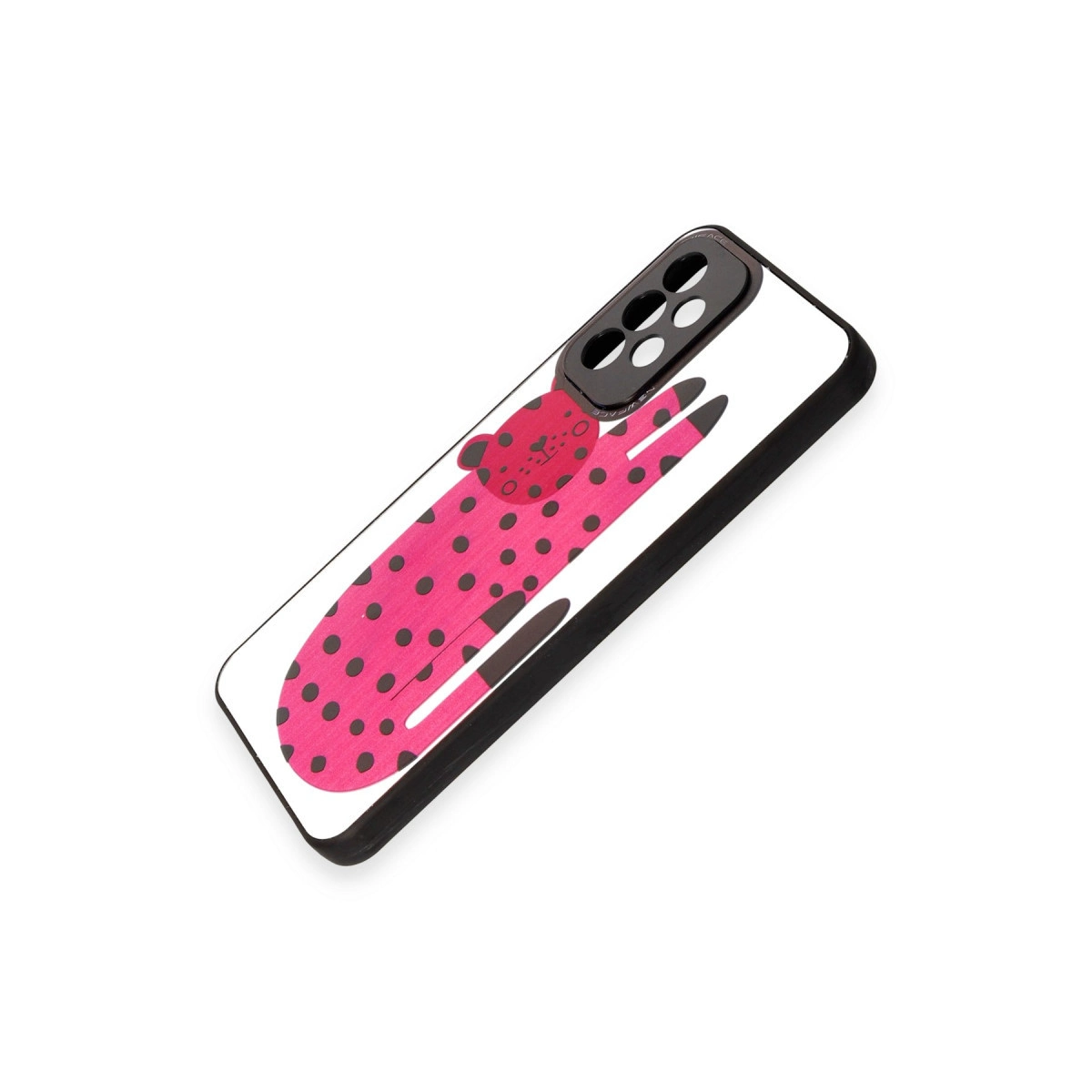 Bir telefon kılıfında siyah puantiyeli pembe bir leopar.