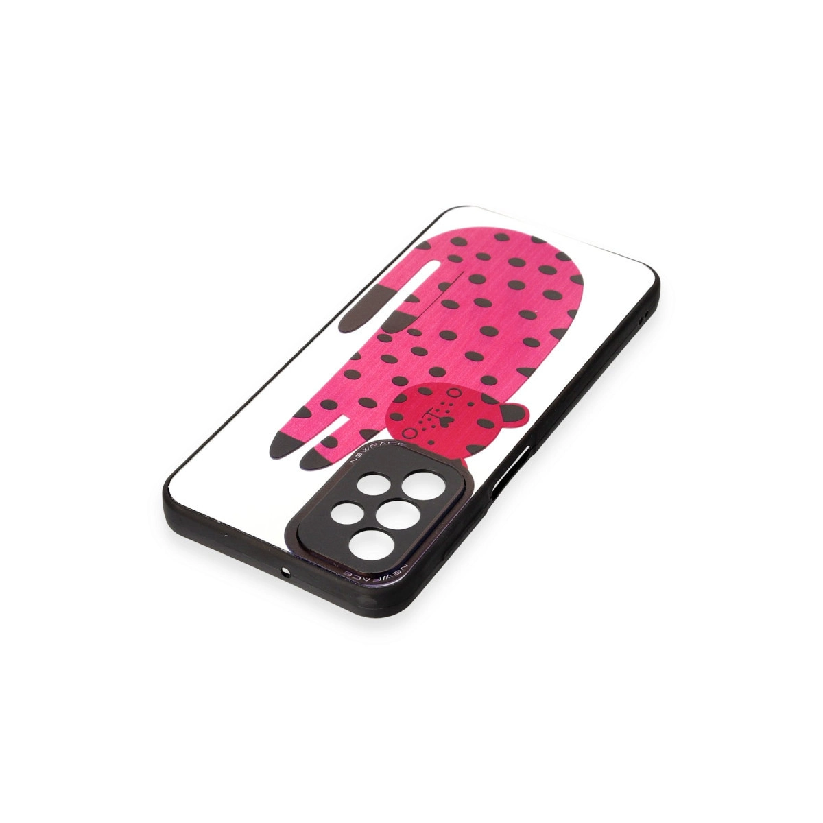 Siyah puantiyeli ve ayıcık tasarımlı pembe telefon kılıfı.
