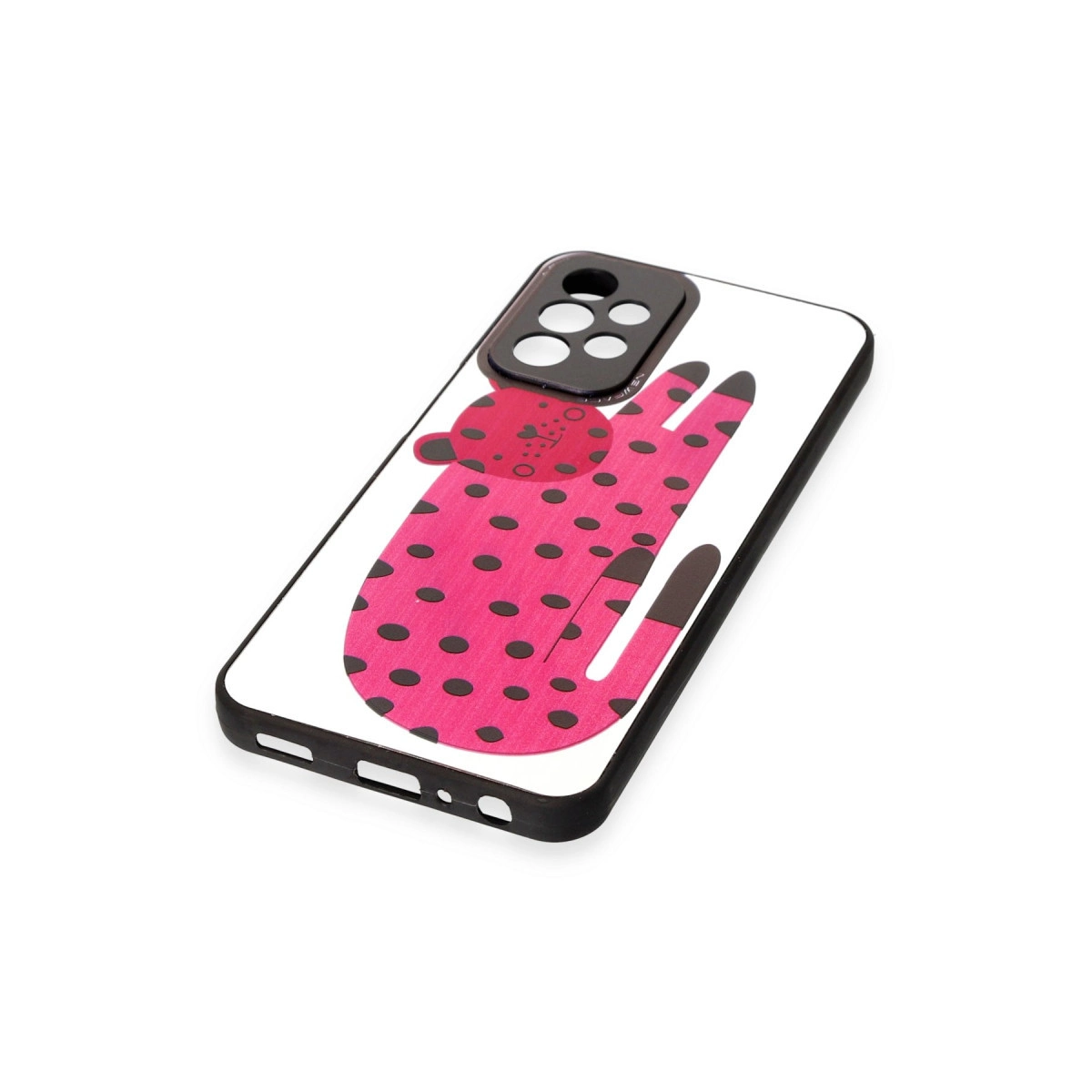 Siyah puantiyeli ve leopar desenli pembe telefon kılıfı.