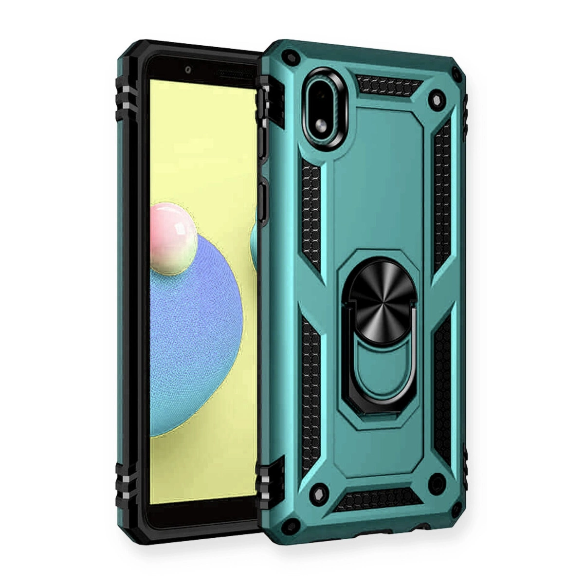Telefon üzerinde halka tutuculu turkuaz renkli telefon kılıfı.