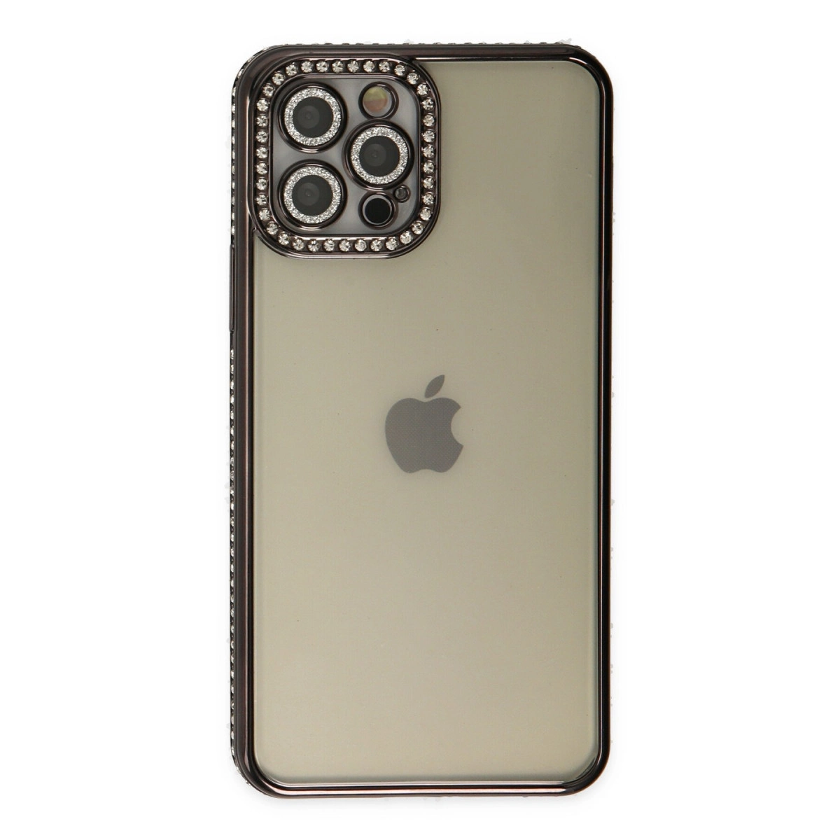 Dört kameralı iPhone, etrafı parlak taşlarla çevrili.