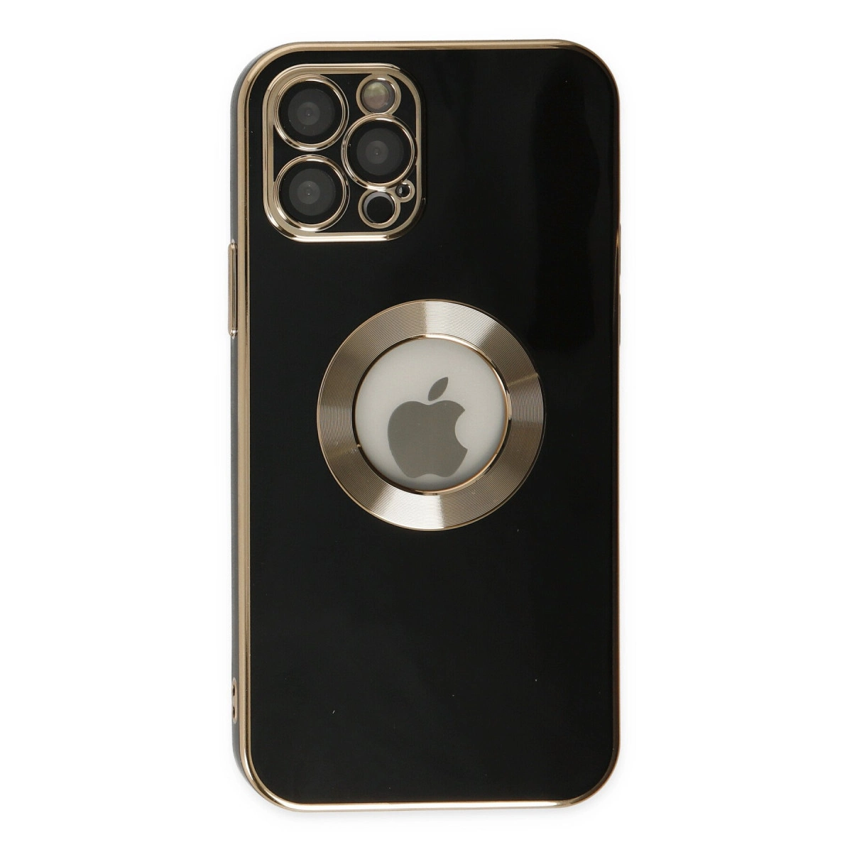 Altın kenarlı, kamera lensli ve Apple logolu siyah telefon kılıfı.