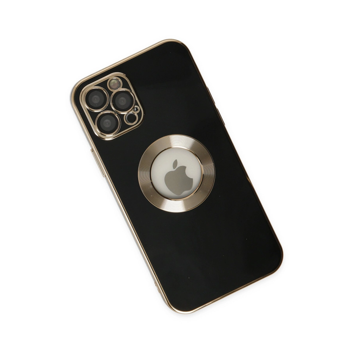 Altın kenarlı siyah telefon kılıfı, dört kamera ve Apple logosu.