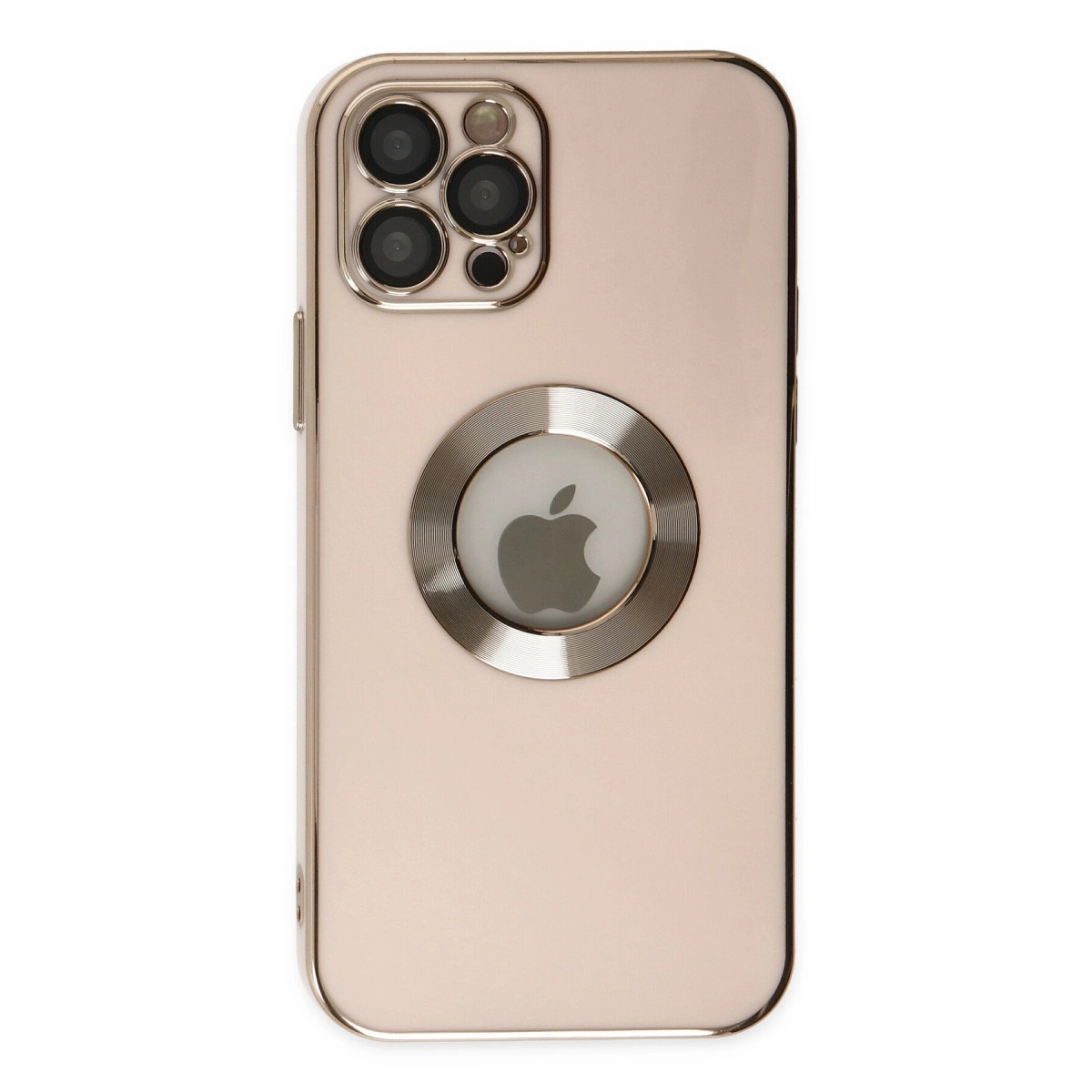 Üç kameralı, Apple logosu amblemli açık renkli iPhone'un arkası.