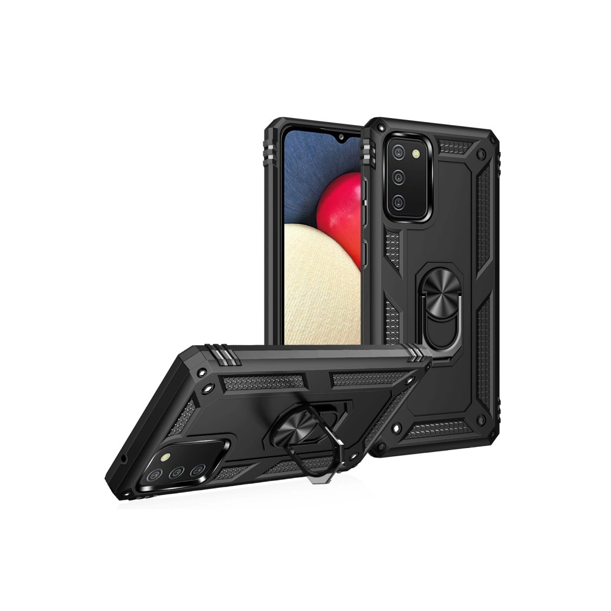 Halka tutuculu iki siyah telefon kılıfı, biri dik, diğeri yatık.
