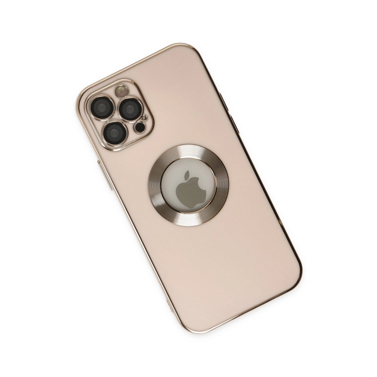Beyaz arka plan üzerinde Apple logosu ve üç kameraya sahip açık pembe iPhone.
