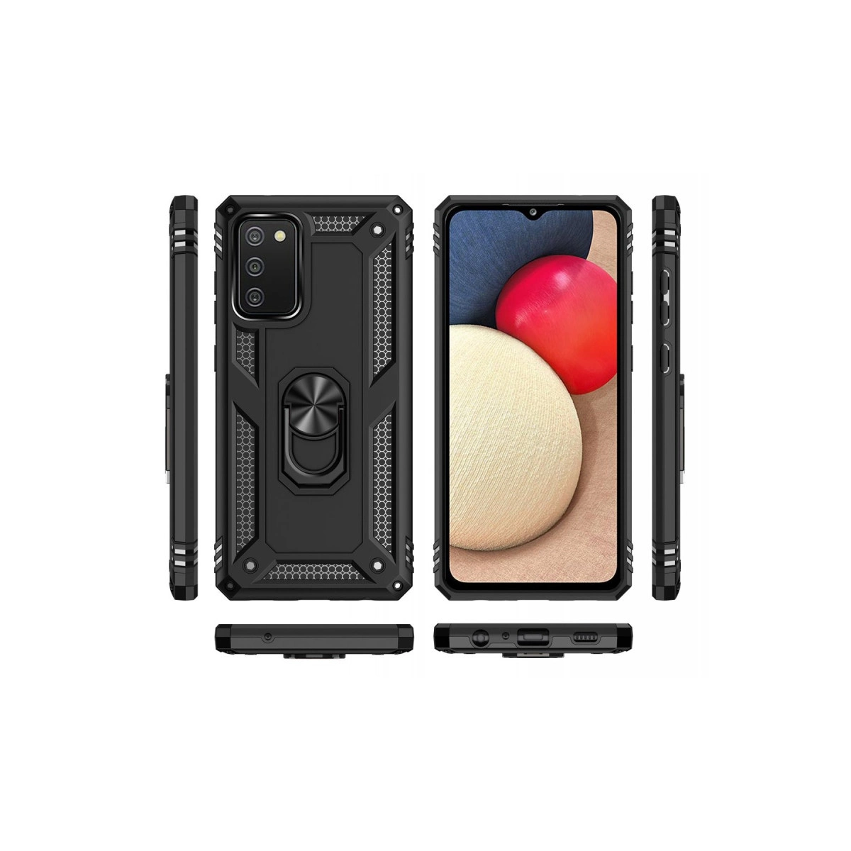 Halkalı siyah telefon kılıfı, telefonlu üçlü görünüm.