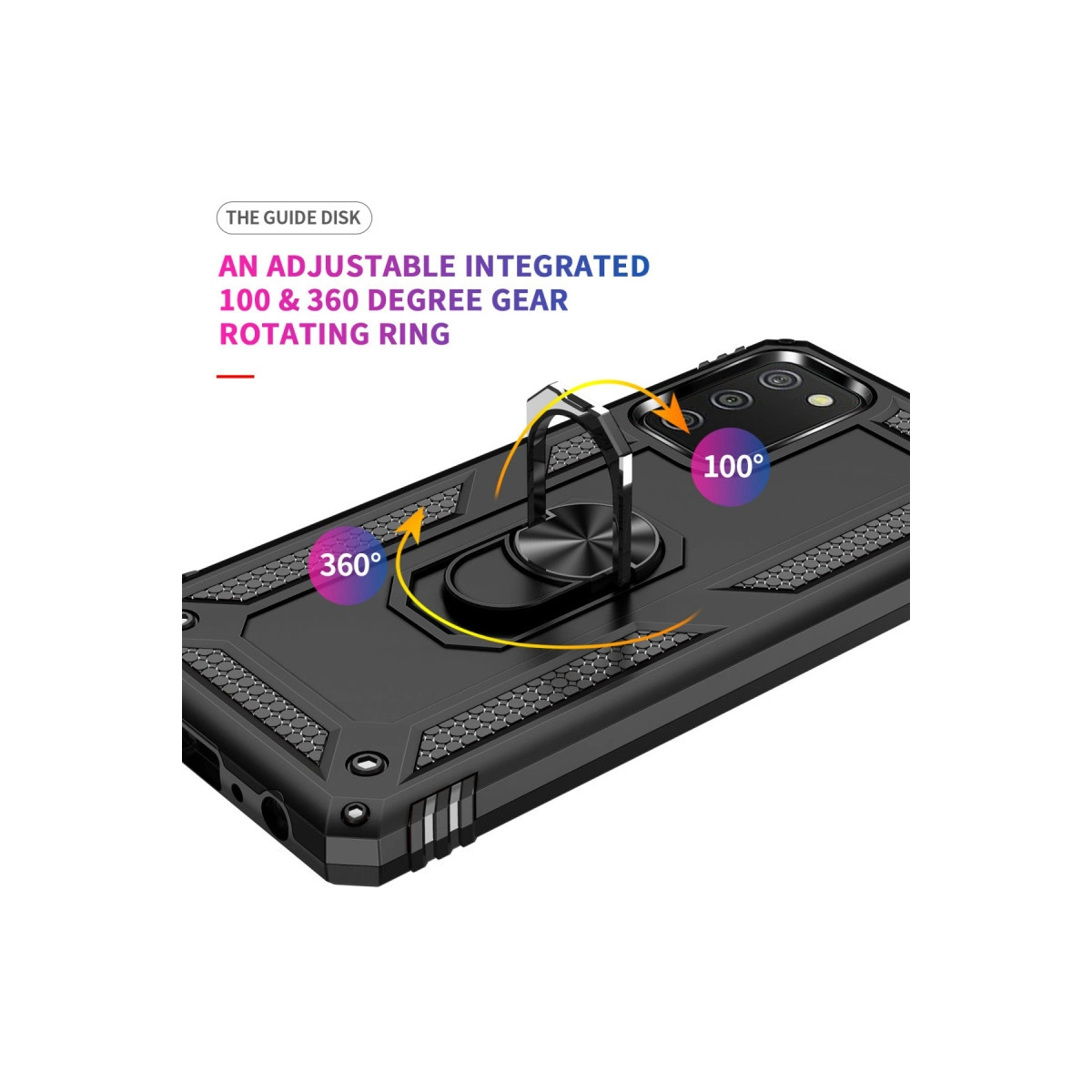 Entegre 360° dönen halkalı siyah telefon kılıfı. 100° ve 360° dönüş.