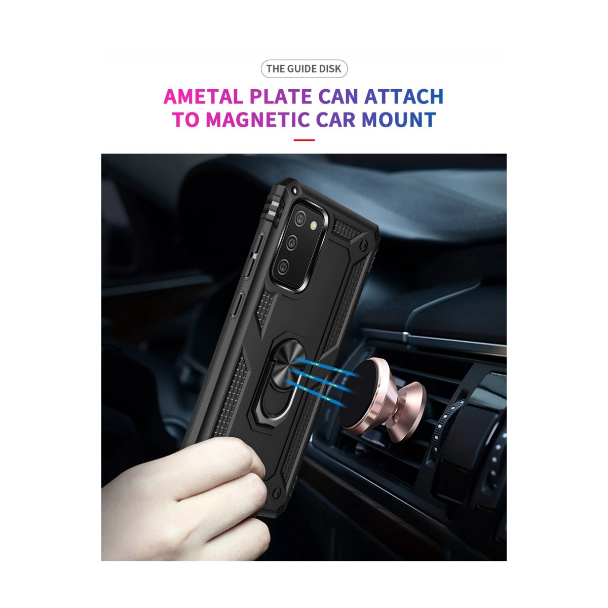 Halkalı siyah bir telefon, rose gold araç tutucuya takılır.