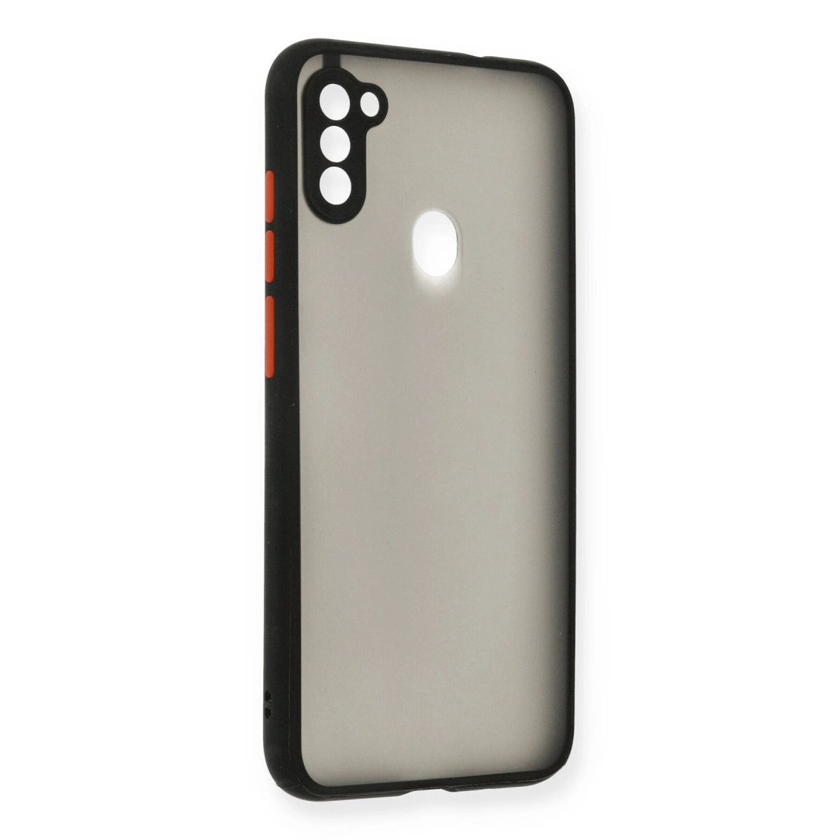 Siyah telefon kılıfı, dumanlı kaplama ve turuncu düğmeler.