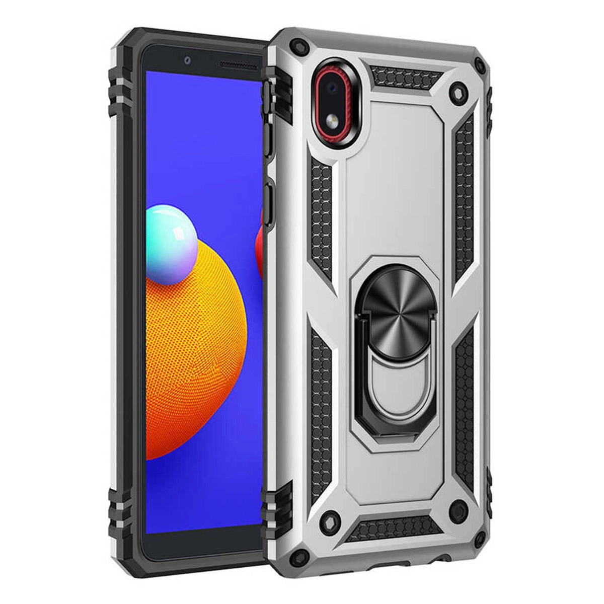 Halka tutuculu ve kamera kesimli gümüş akıllı telefon kılıfı.