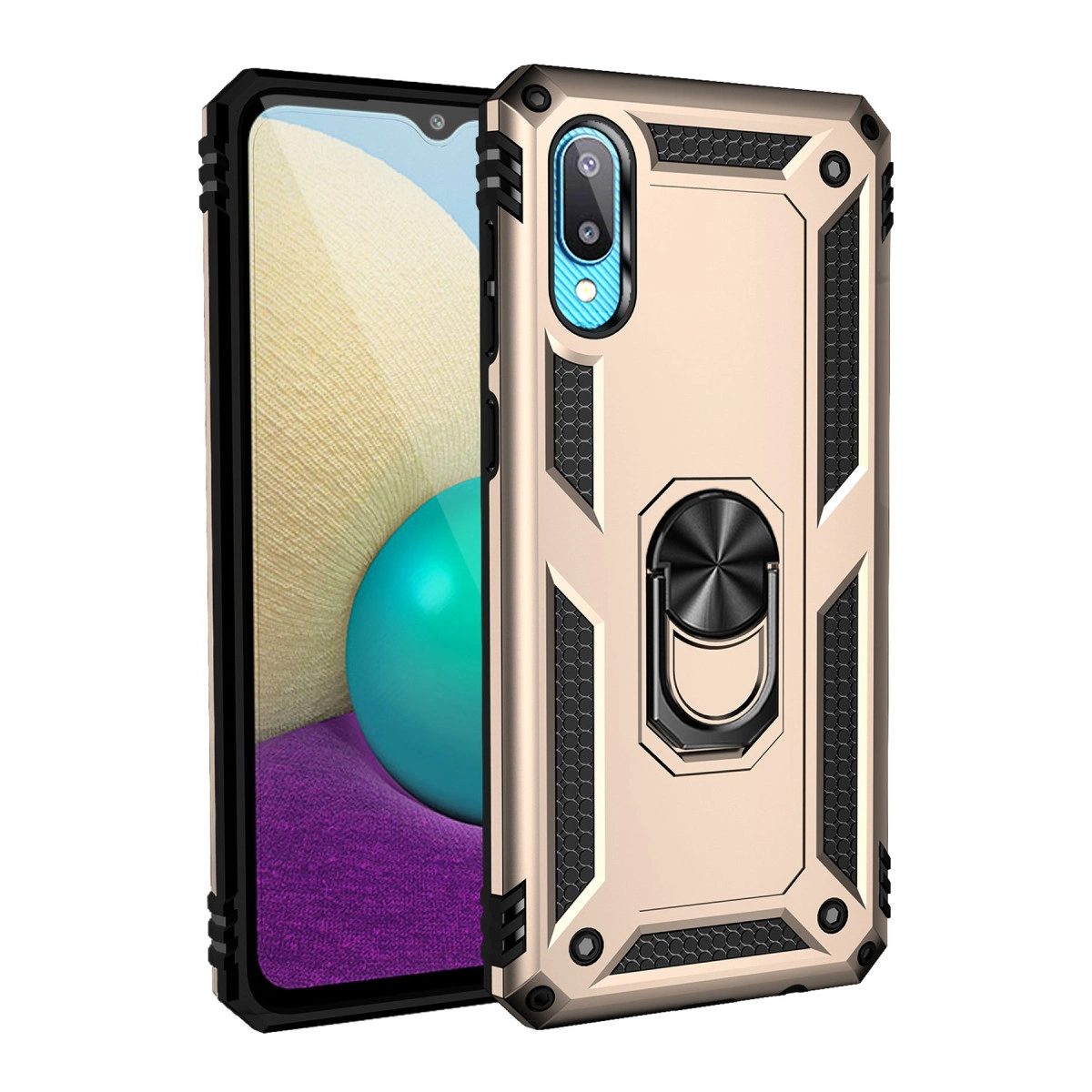 Halka tutuculu altın rengi telefon kılıfı, kamera korumalı, beyaz arka plan.