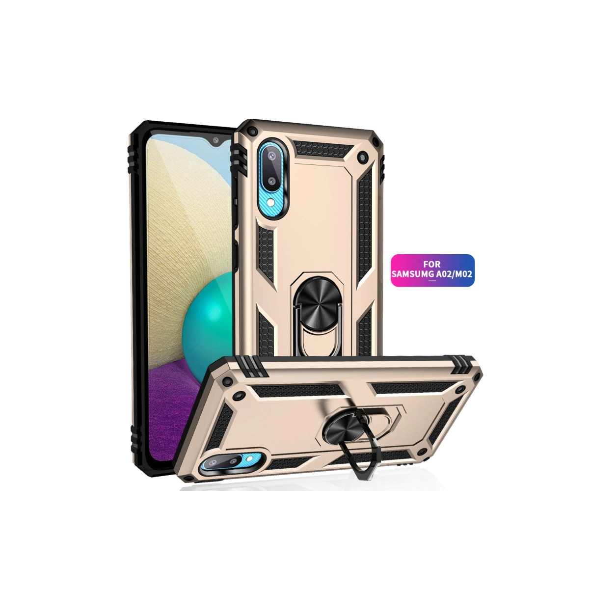 Samsung A02/M02 için halka tutuculu altın rengi telefon kılıfı.