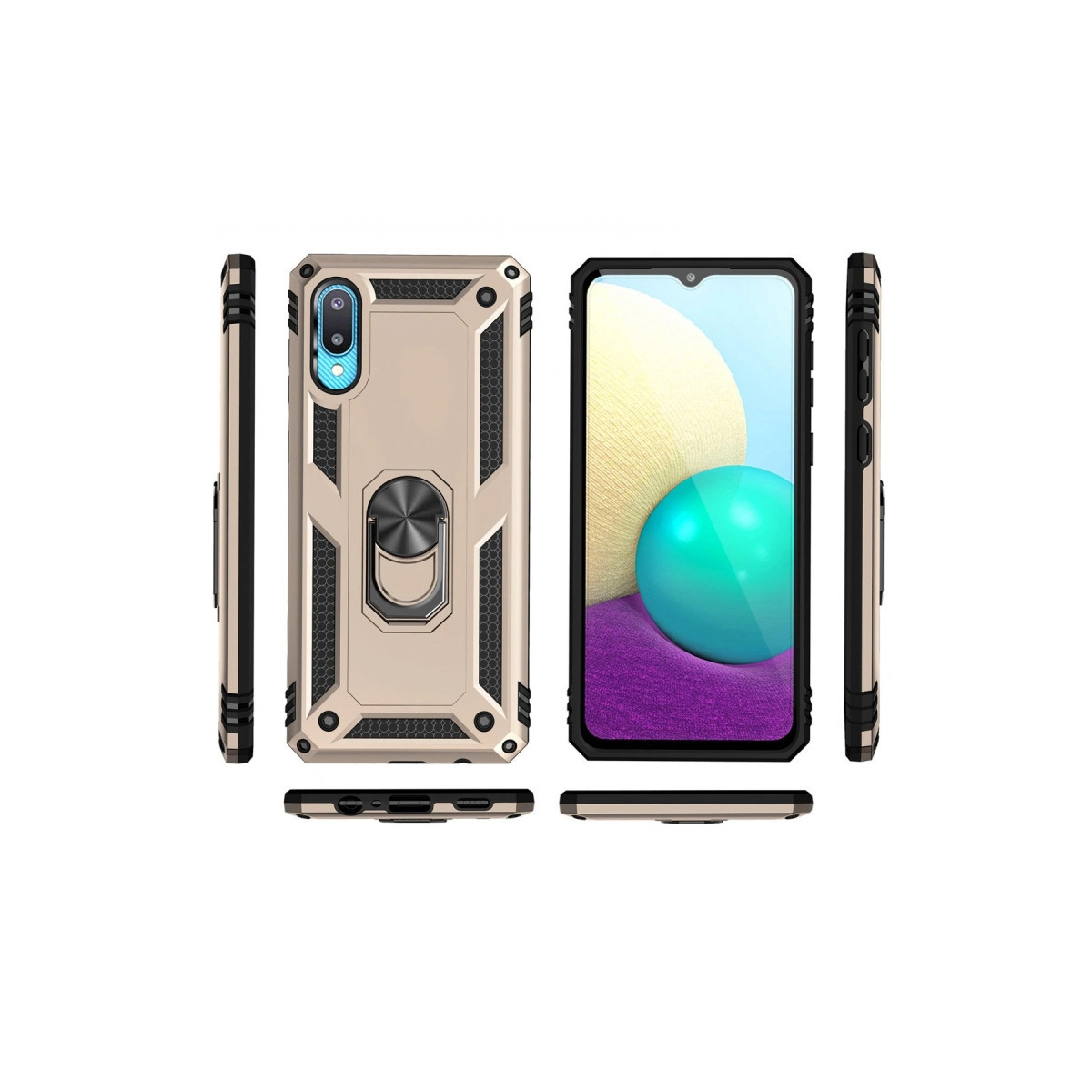 Ekranında renkli küre gösteren telefon ve halka tutuculu altın rengi telefon kılıfı.