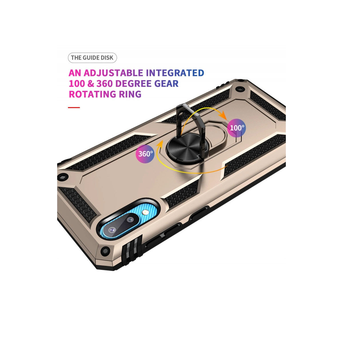 Entegre 360° halka tutuculu ve 100°/360° ayarlanabilir altın rengi telefon kılıfı.