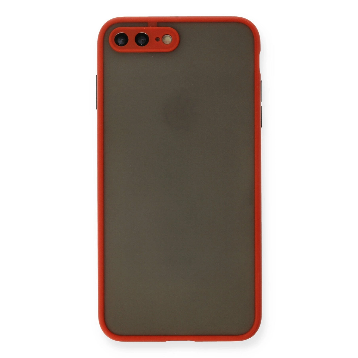 Koyu arka ve iki lensli kırmızı iPhone kılıfı.