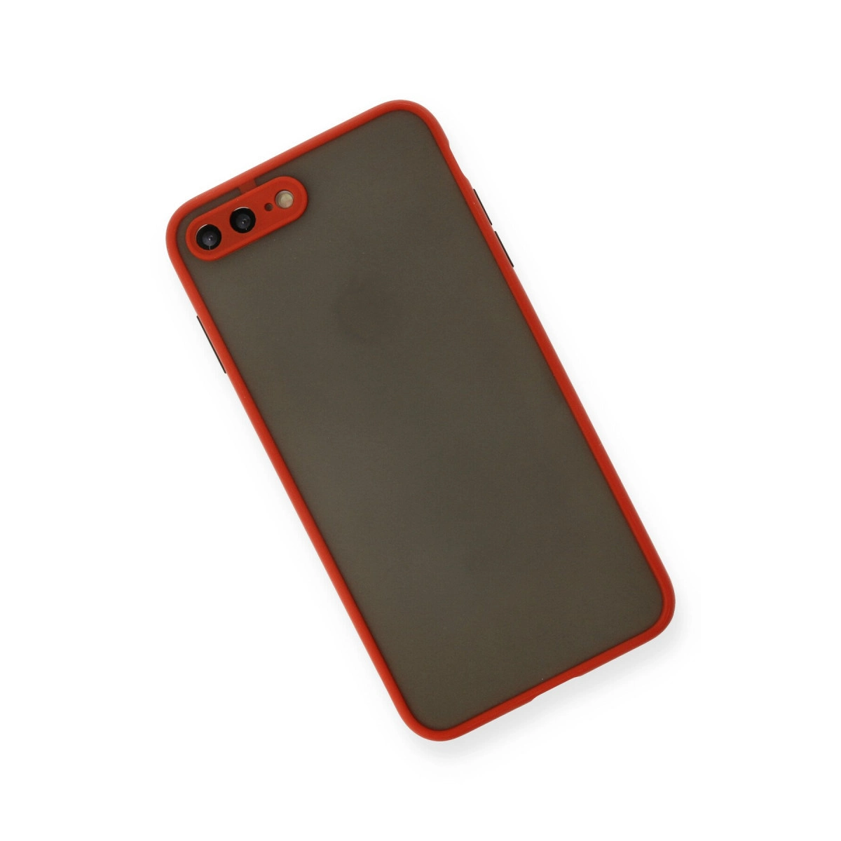 Koyu gri telefon kılıfı, kırmızı kenarlı ve çift kamera açıklıklı.
