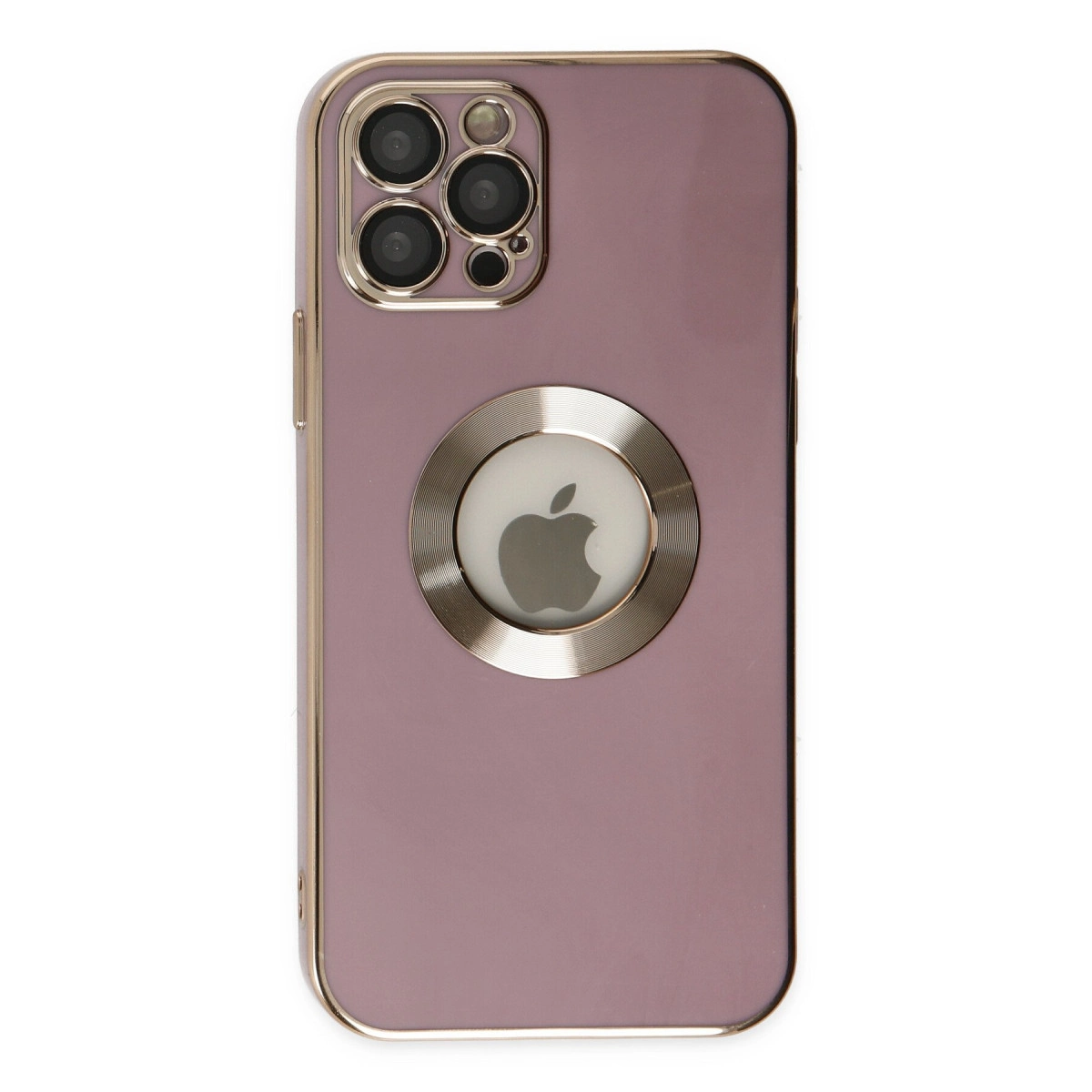 Arka kameralı ve Apple logolu mor iPhone kılıfı.