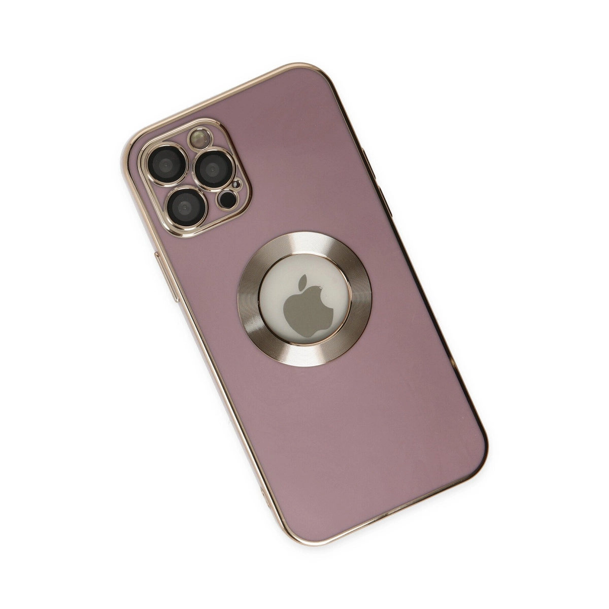 Kamera modüllü ve dairesel Apple logolu mor telefon kılıfı.