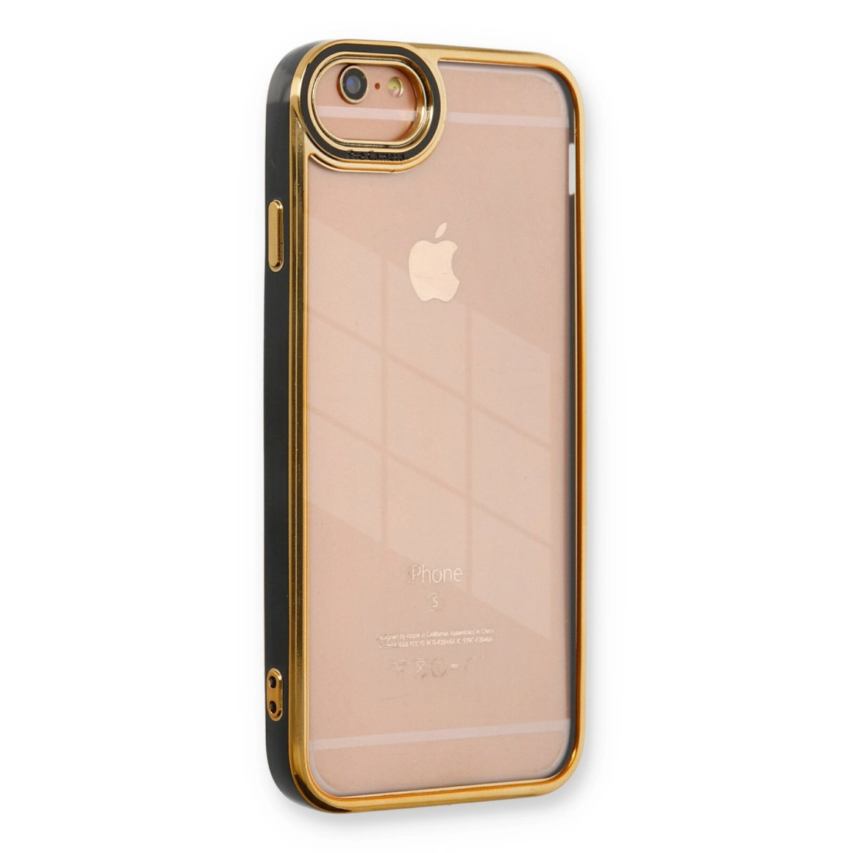 Altın çerçeveli ve siyah şeritli şeffaf iPhone kılıfı.