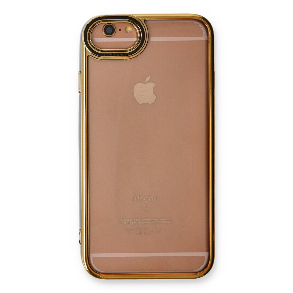 Altın rengi iPhone'un arkası, şeffaf kılıf içinde, kamera çevresinde altın çerçeve.