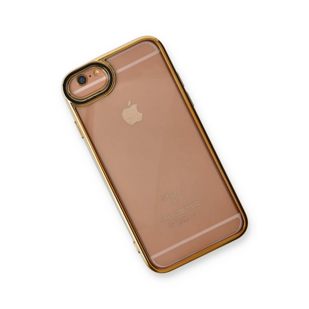 Beyaz arka plan üzerinde kamera kesimli altın iPhone kılıfı.