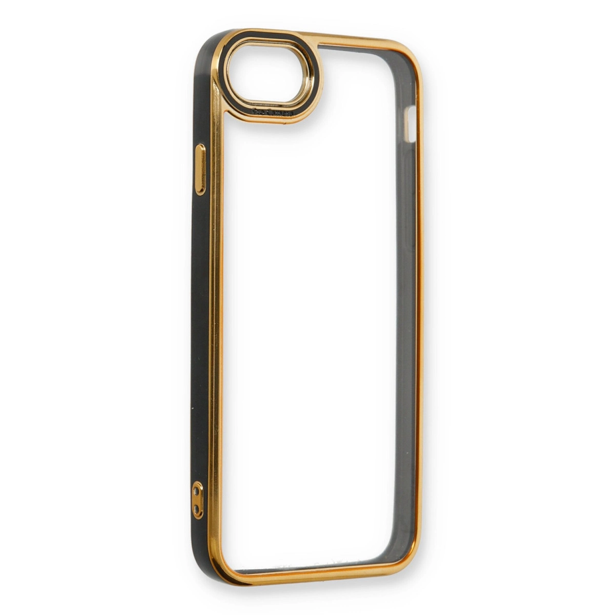Şeffaf orta bölmeli, siyah ve altın renkli iPhone kılıf çerçevesi.