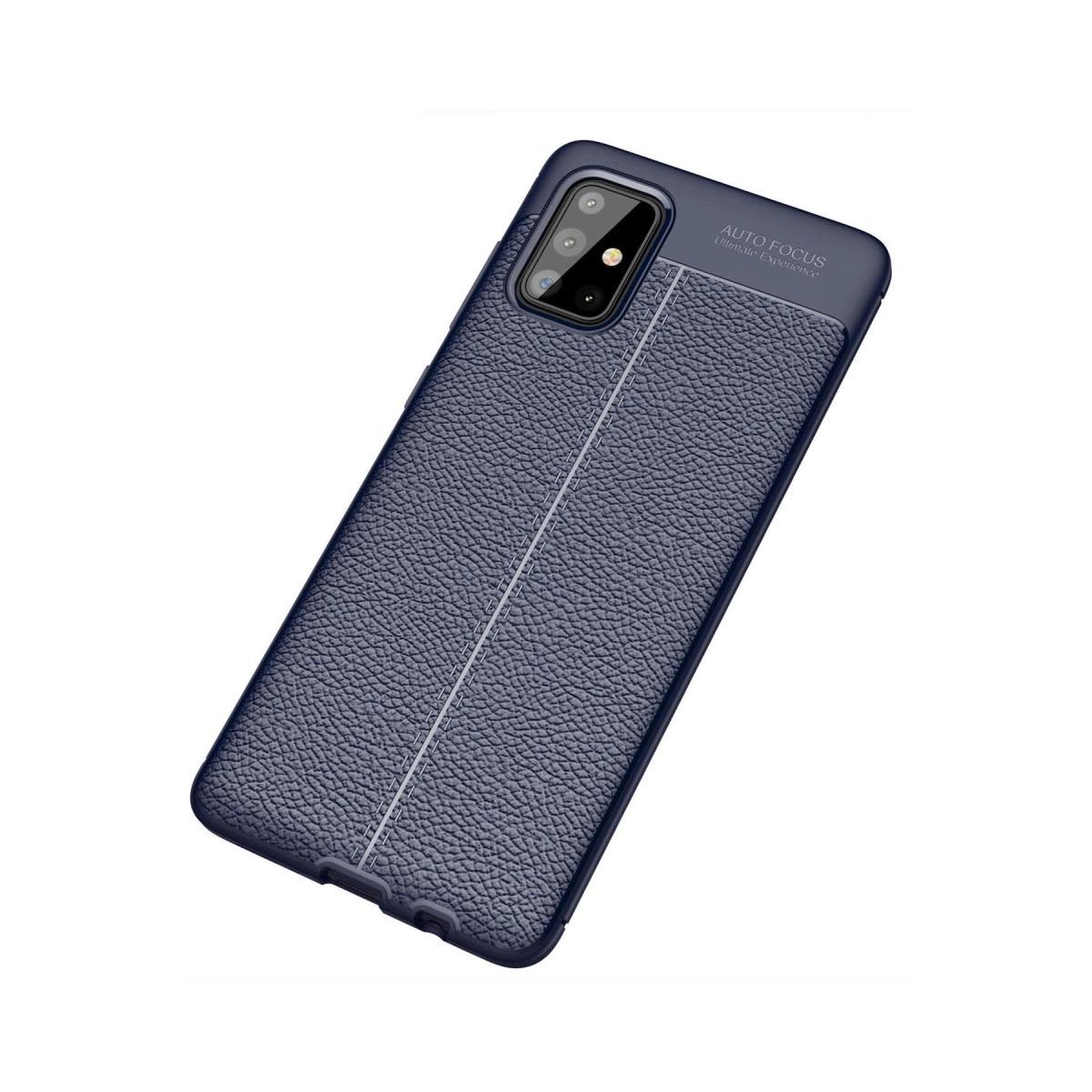 Doku kaplı koyu mavi telefon kılıfı ve kamera açıklığı.