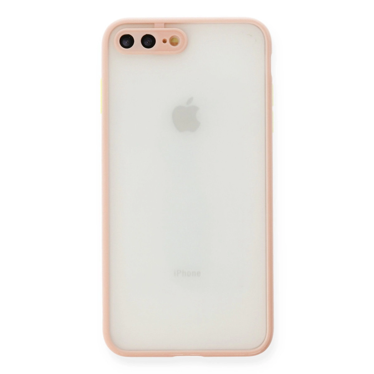 Çift kameralı, pembe çerçeveli bir iPhone, beyaz arka plan üzerinde.