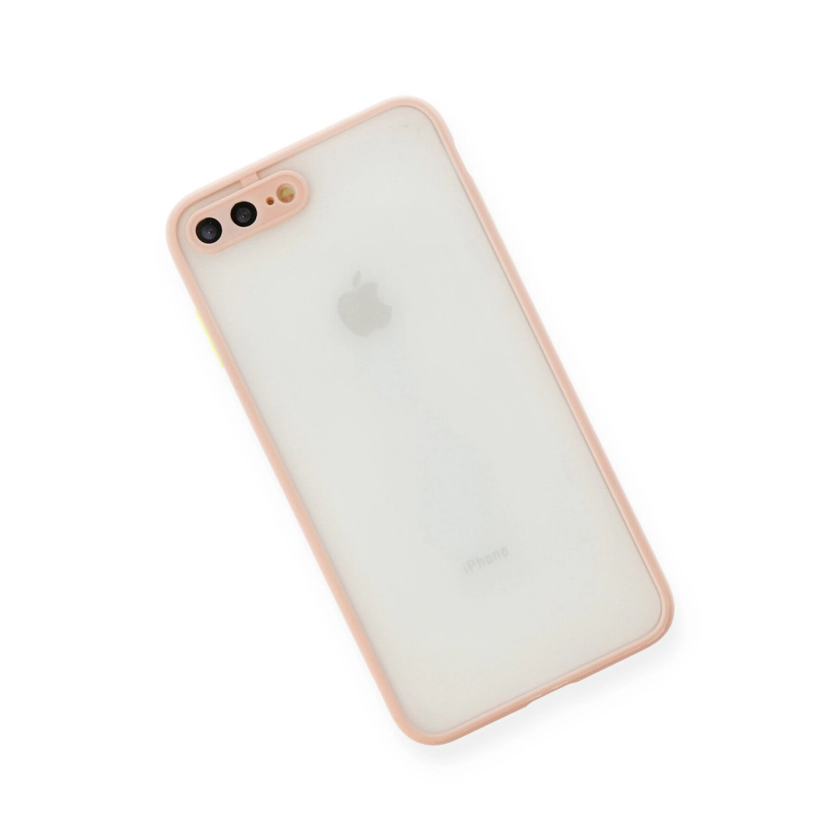Pembe kenarlı şeffaf telefon kılıfı. Arkada iki kamera lensi ve Apple logosu bulunur.