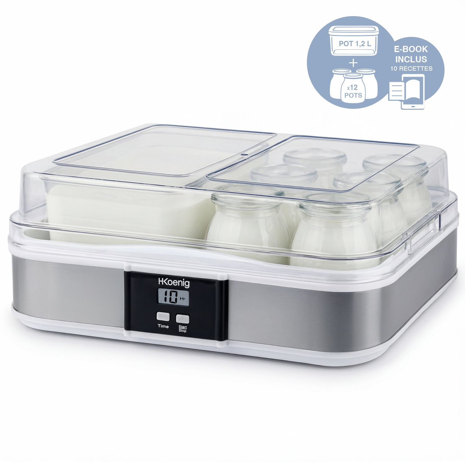 Yogurtiera con vasetti e contenitore grande. Display digitale.