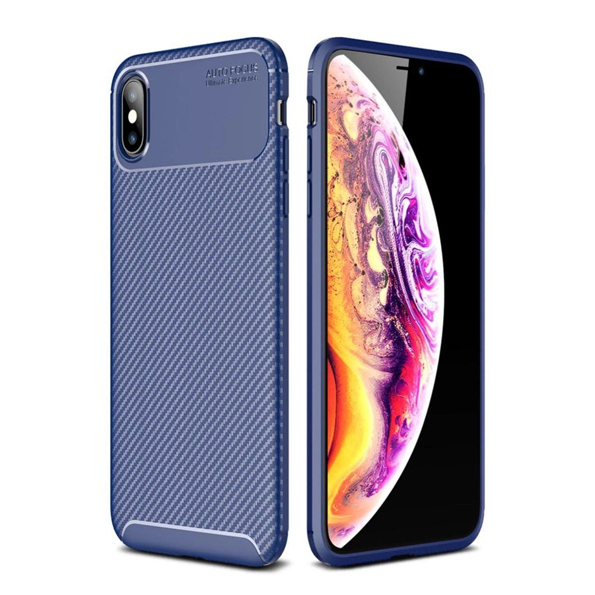 Karbon desenli mavi telefon kılıfı ve renkli ekranlı bir akıllı telefon.