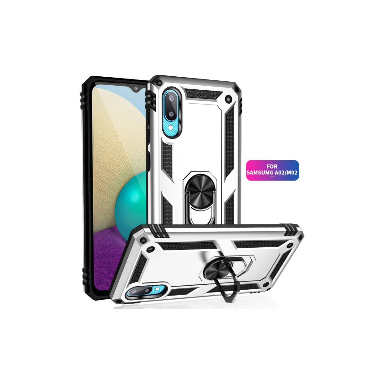 Samsung A02/M02 için halka tutuculu gümüş telefon kılıfı.