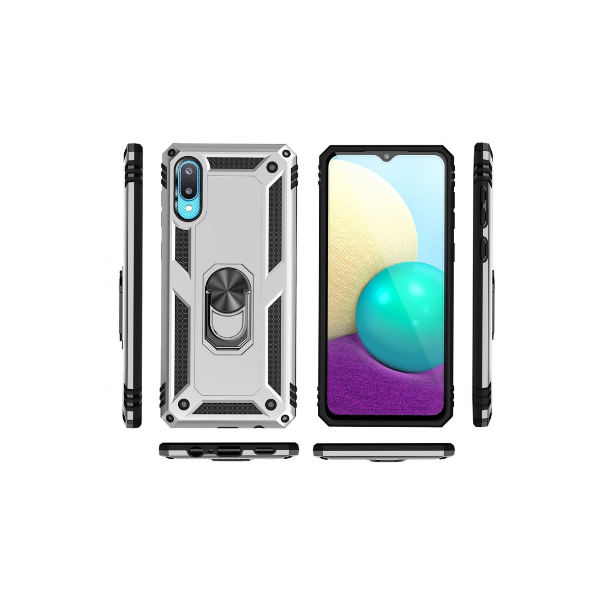Halkalı gümüş telefon kılıfı, ön ve yan görünümler.