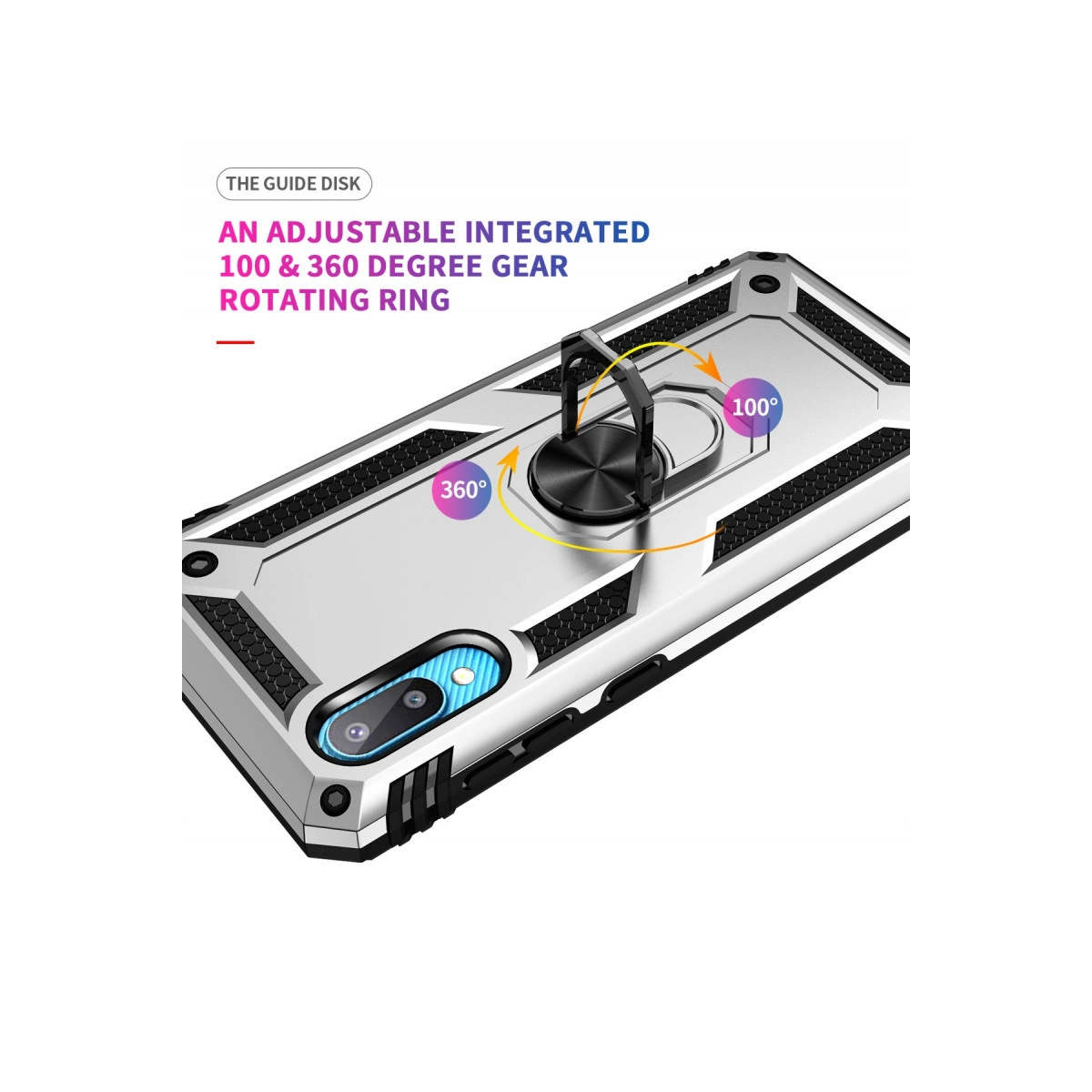 Gümüş telefon kılıfı, entegre halka tutucu, 360° ve 100° dönüşlü.