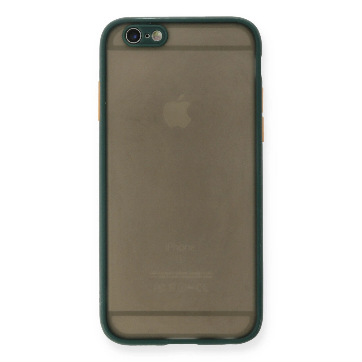 Yeşil kılıflı koyu gri iPhone 6, Apple logosu ve kamerası.