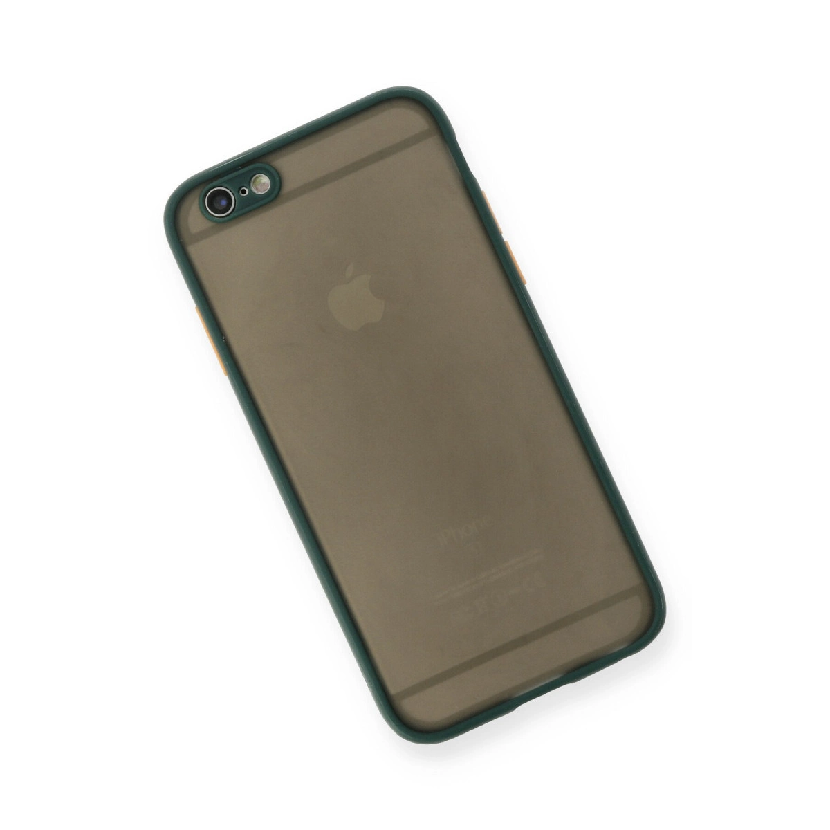 Beyaz arka plan üzerinde yeş il kılıflı koyu gri iPhone 6.