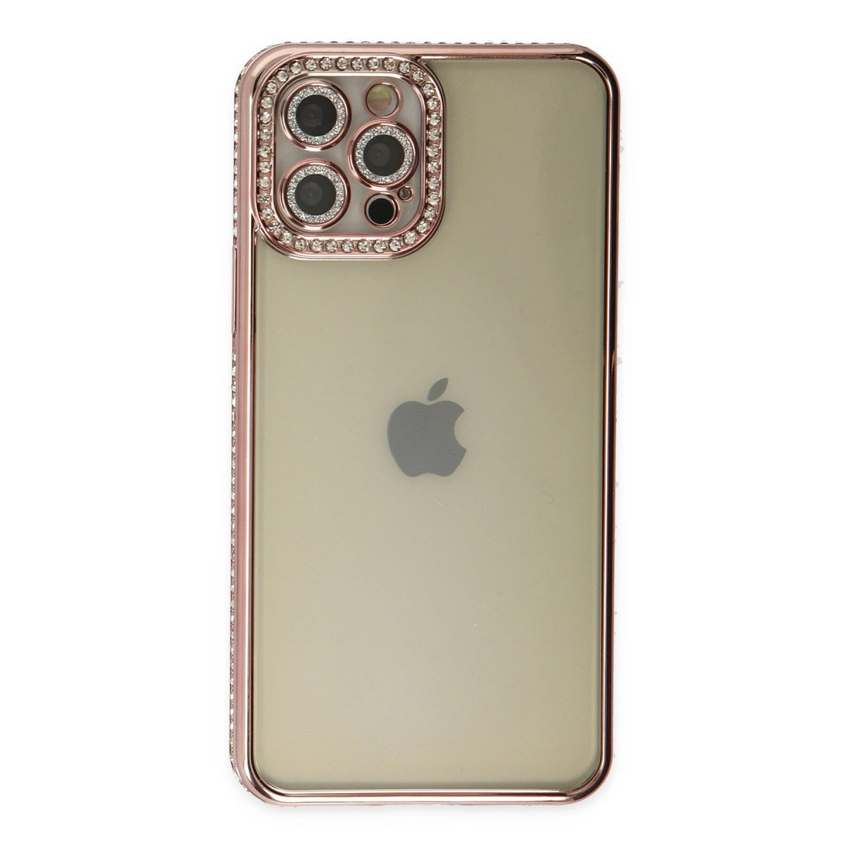 Kameraların etrafında kristaller bulunan, gül altın kenarlı şeffaf iPhone kılıfı.