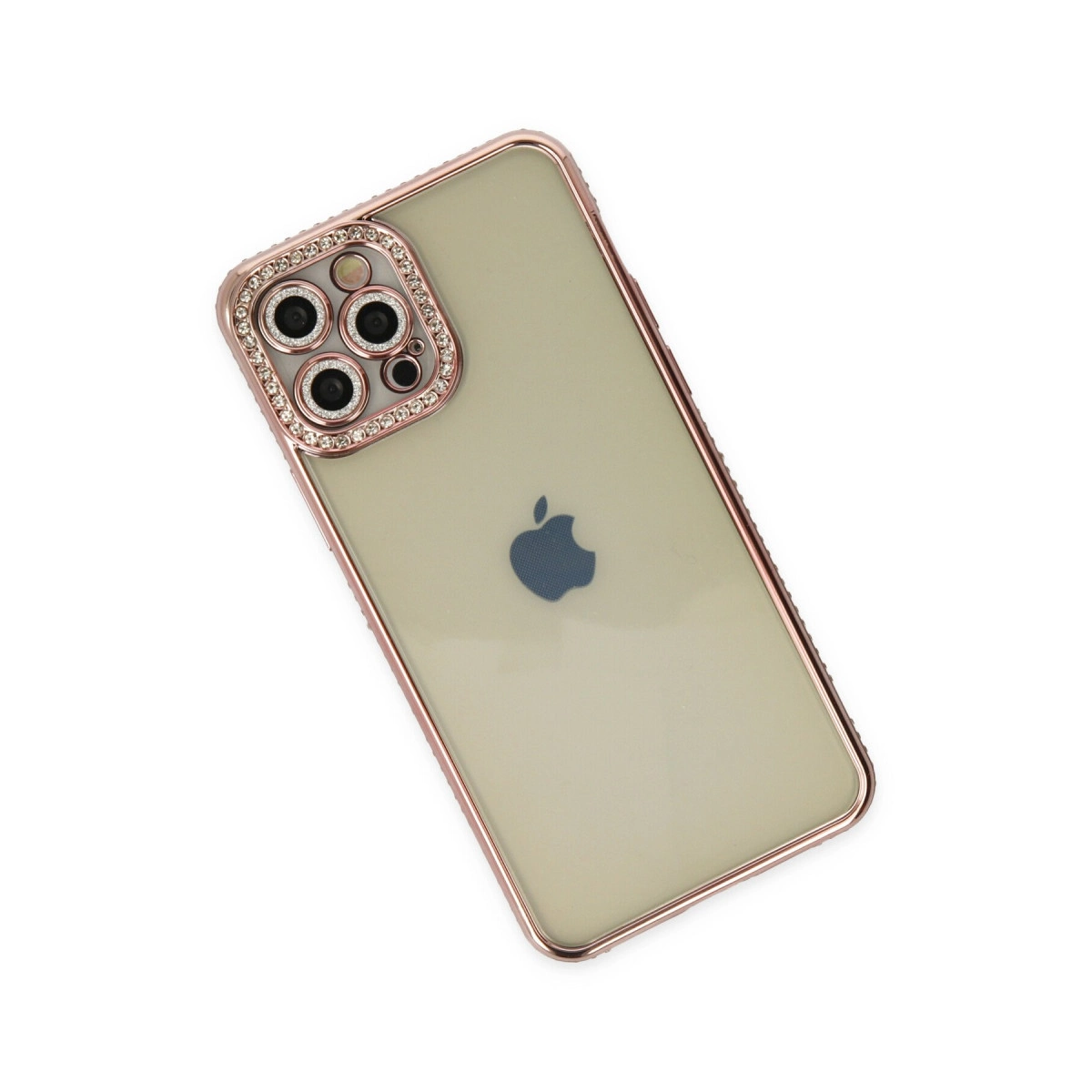 Beyaz arka plan üzerinde taş süslemeli iPhone kılıfı.
