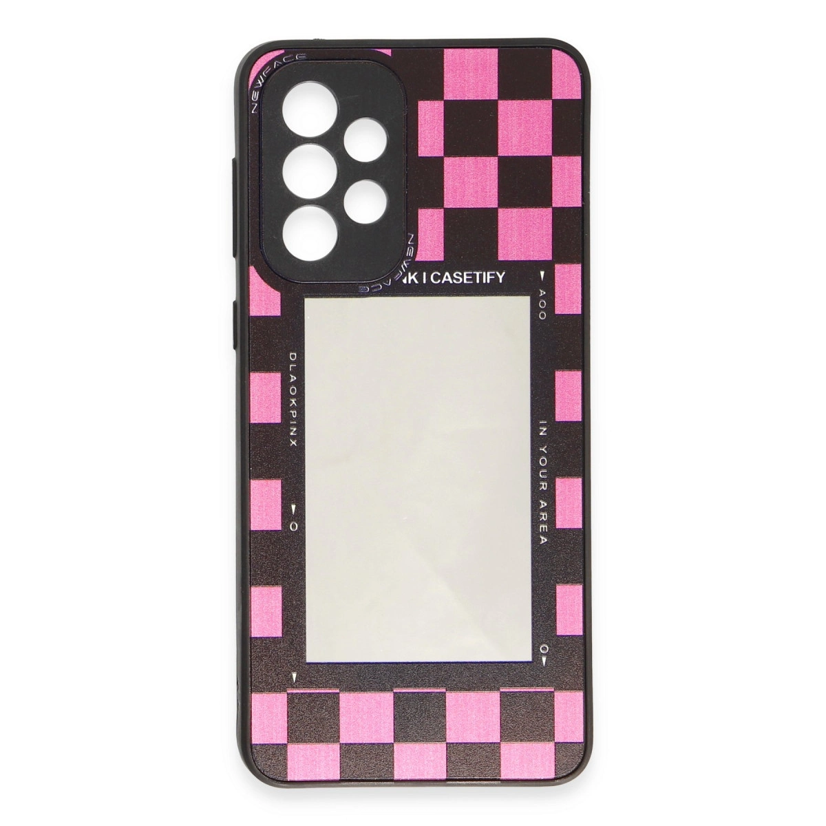 Pembe damalı ve kamera kesimli siyah telefon kılıfı.