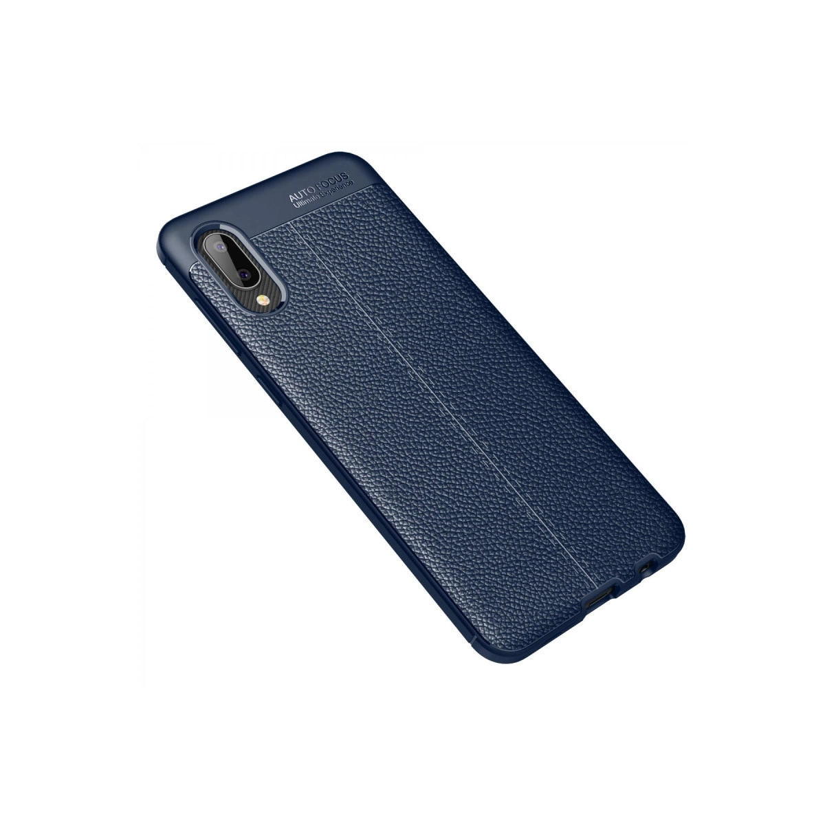 Doku yüzeyli ve iki kameralı koyu mavi telefon kılıfı.