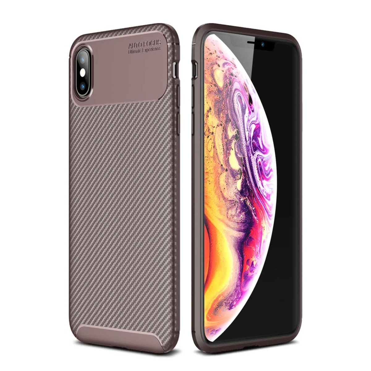 Karbon desenli kahverengi telefon kılıfı ve renkli duvar kağıtlı bir akıllı telefon.