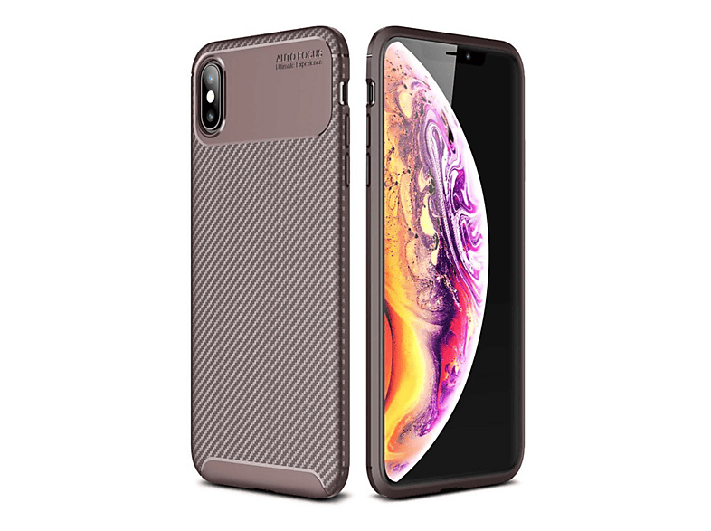 NEWFACE iPhone Xs Max Uyumlu Auto Focus Karbon Kapak Telefon Kılıfı Kahverengi