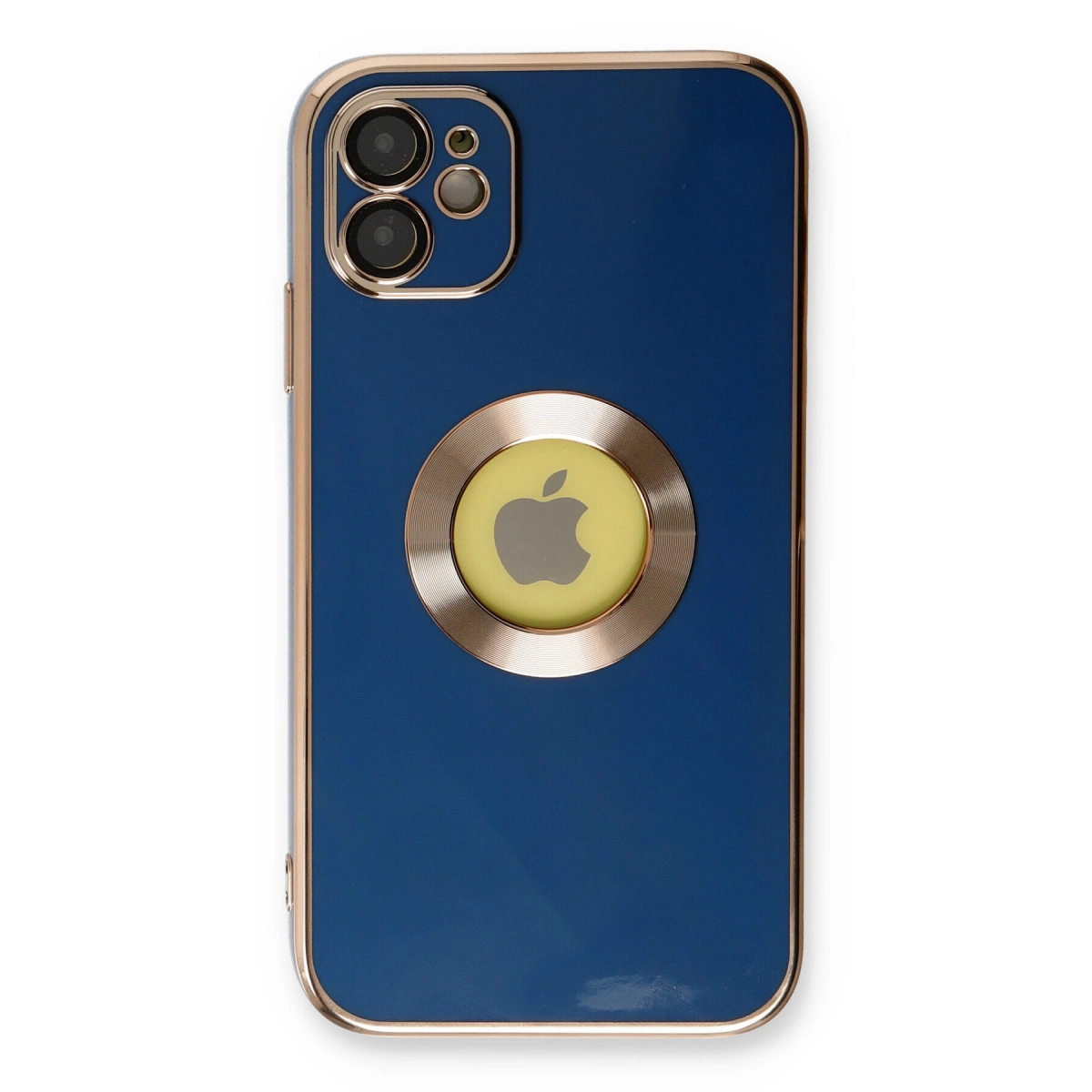 Apple logosu ve kamera dizisi olan lacivert telefon kılıfı. Altın kenar.