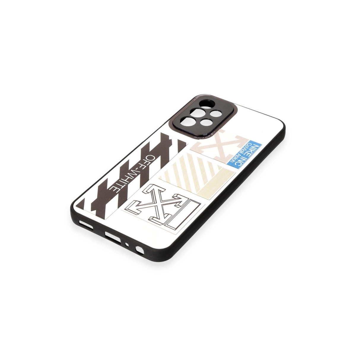 Off-White logosu ve Nike baskısı içeren beyaz telefon kılıfı.