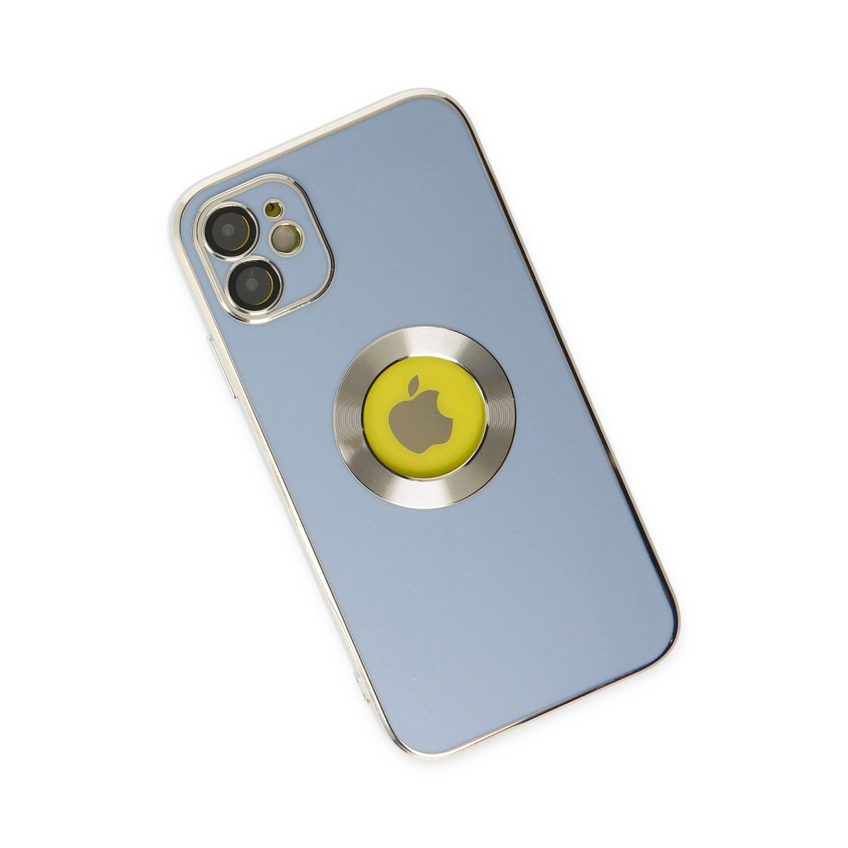 Apple logolu etiketli mavi iPhone ve iki kamera.