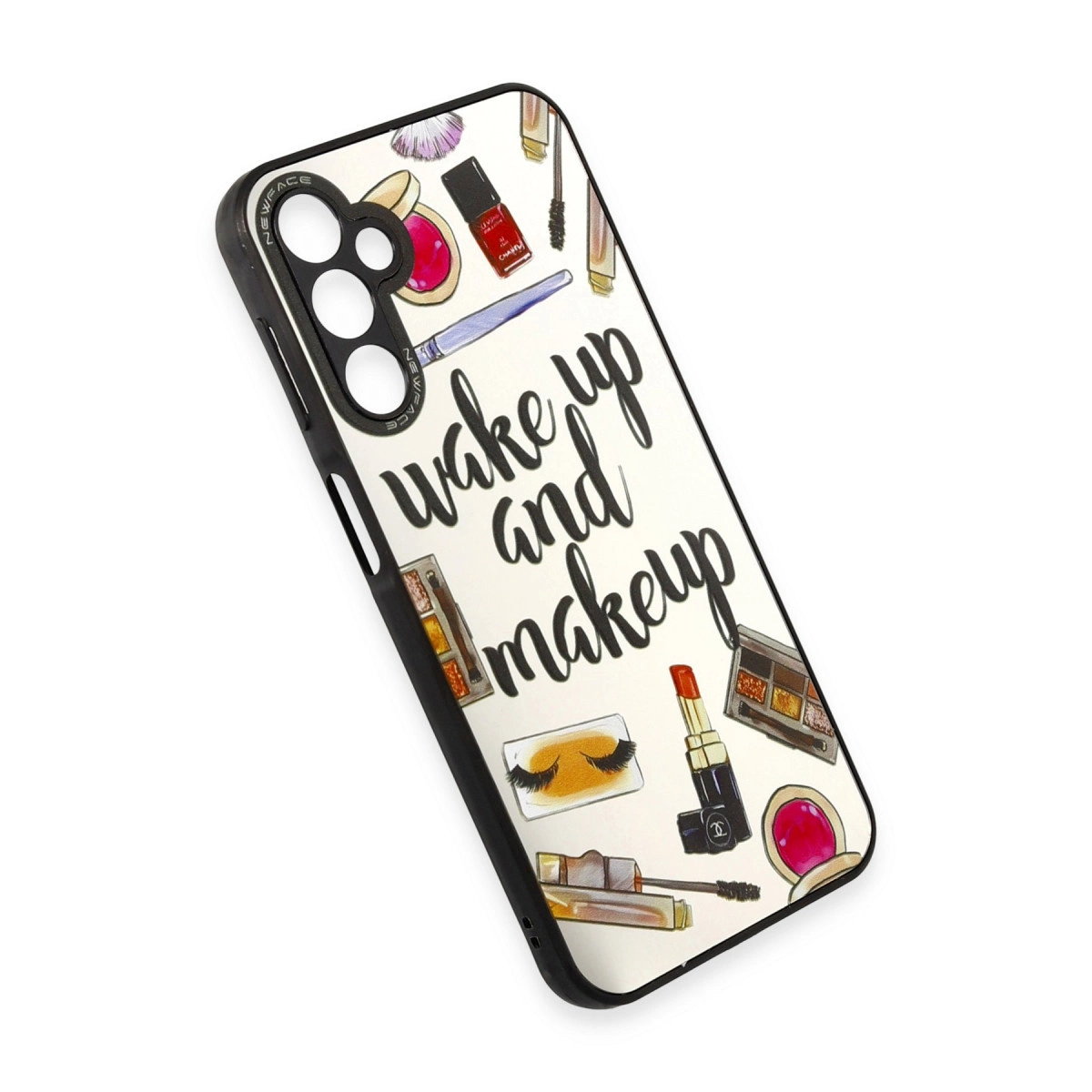 'wake up and makeup' yazılı telefon kılıfı, çeşitli kozmetik ürünler.