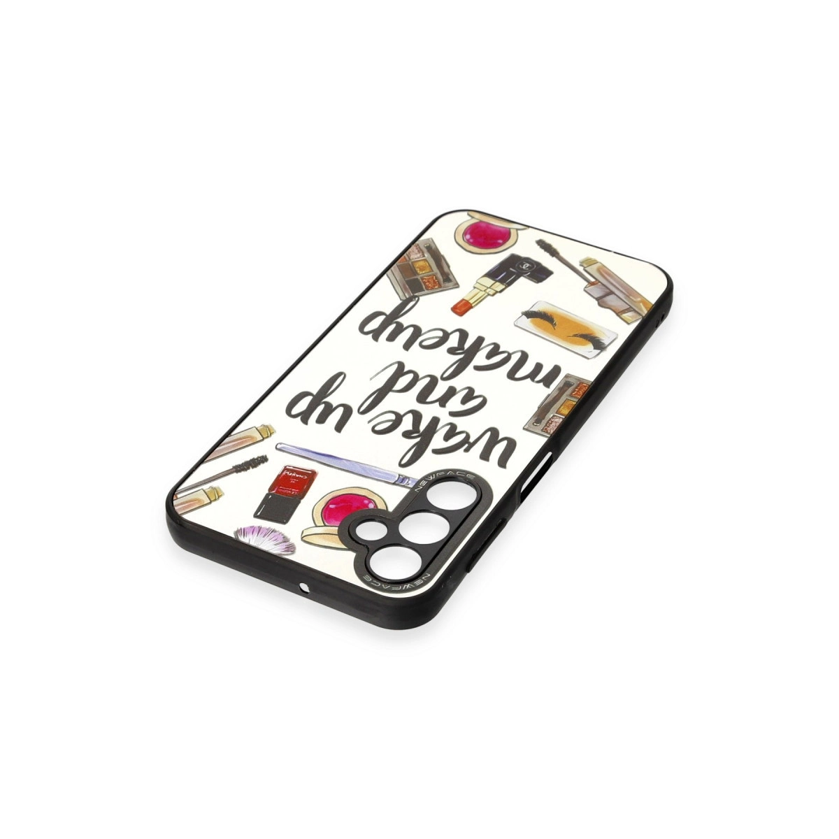 Makyaj ürünleri ve 'Wake up and makeup' yazılı telefon kılıfı.